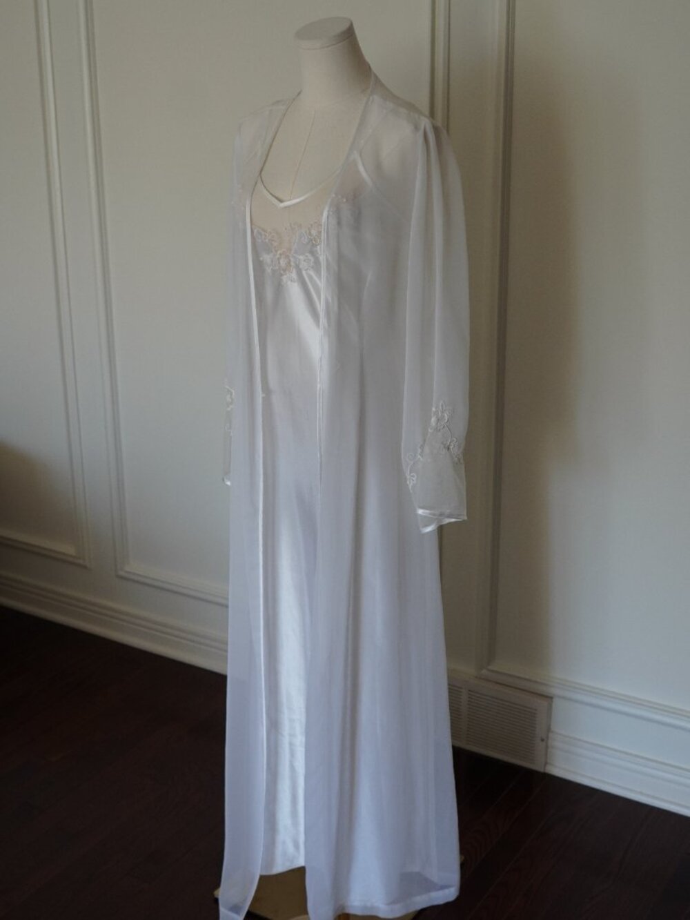 Vintage 90s Ivory Satin Slip Dress Sheer Robe Peignoir Set Bridal Coquette M/L